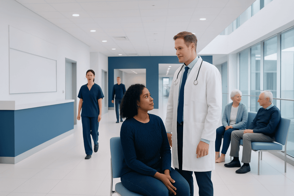 Socialisting: What Patients Need to Know 1 Doctor consulting with a patient in a modern hospital corridor.