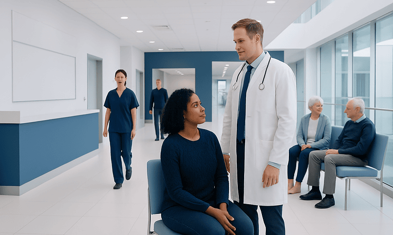 Doctor consulting with a patient in a modern hospital corridor.