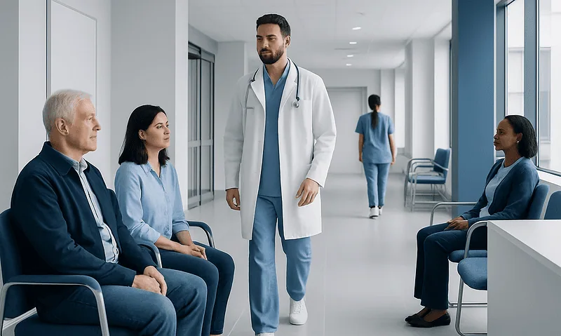 Medical consultation in hospital corridor with doctor and patients.