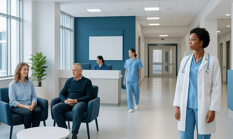 Modern hospital waiting area with medical staff and patients at Acibadem Hospitals Group.
