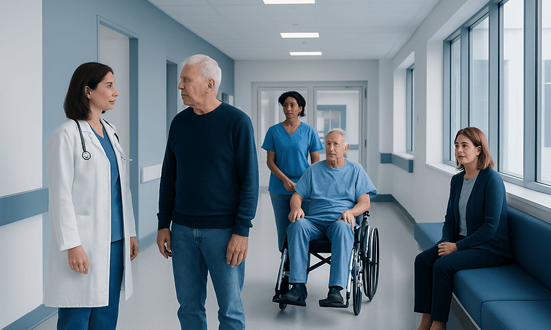 Medical team consulting with elderly patient in hospital corridor.