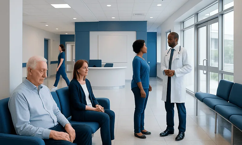 Patients waiting in a modern hospital lobby with a doctor consulting a woman.