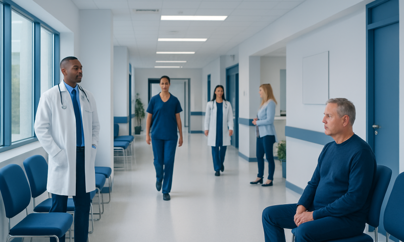 Medical team consulting with patient in hospital corridor.