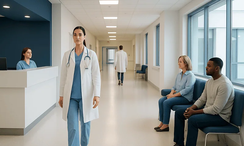 Medical professionals and patients in a modern hospital corridor.