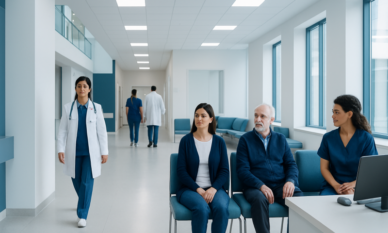 Patients waiting in a hospital corridor with medical staff nearby.