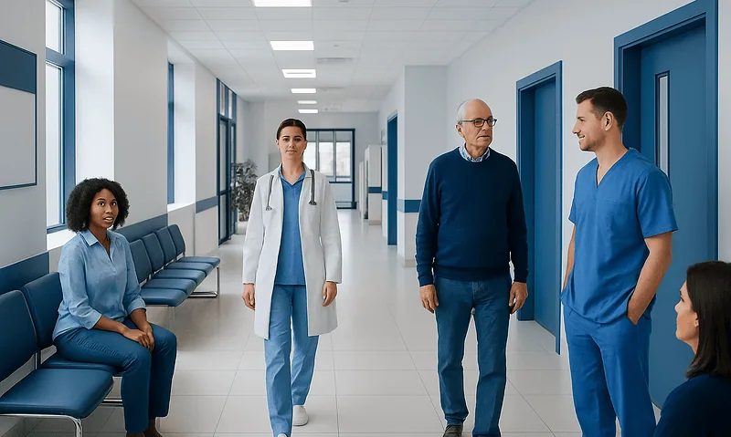 Medical team in hospital corridor with patients and staff engaging in conversation.