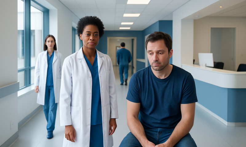Patient waiting in hospital corridor with medical staff nearby.