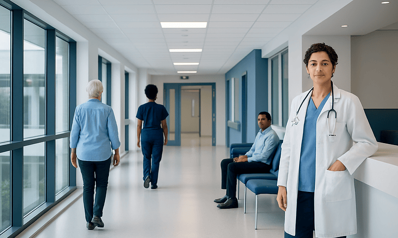 Medical professionals and patients in a modern hospital corridor.
