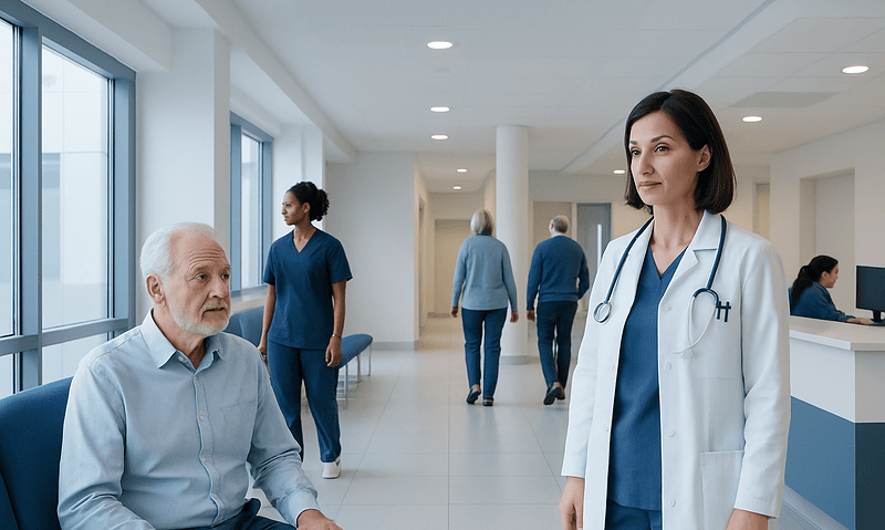 Doctor consulting elderly patient in hospital corridor.