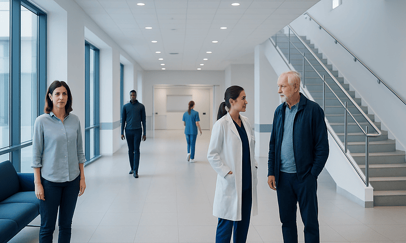 Healthcare professionals and visitors in a modern hospital corridor.