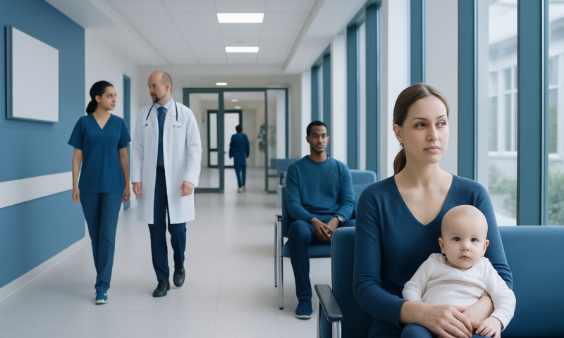 Pediatric patient with mother in hospital corridor at Acibadem Hospitals Group.