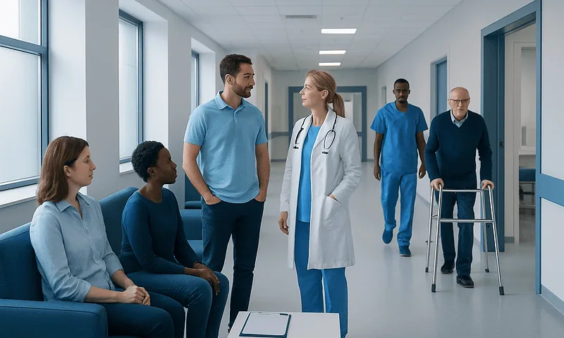 Medical team consulting with patients in hospital corridor.