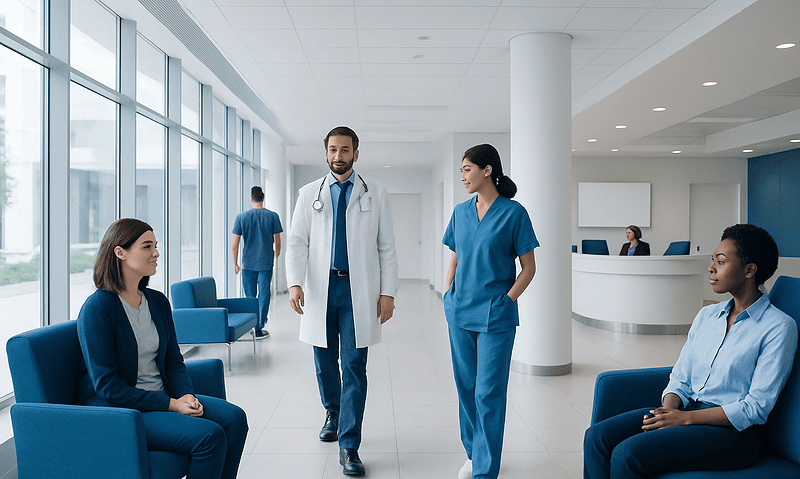 Stress Ulcer: A Complete Medical Overview 5 Medical team consulting patients in a modern hospital lobby.