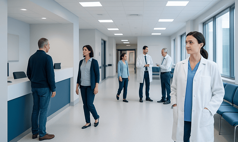 Medical professionals and patients in a modern hospital corridor.