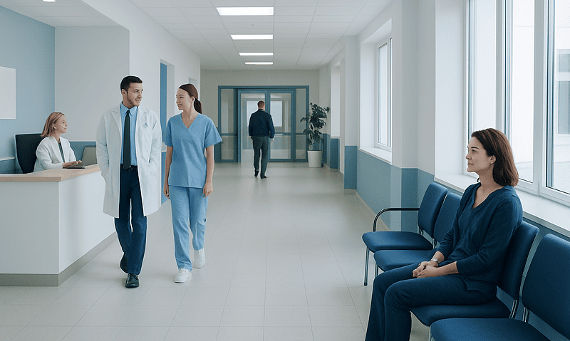 Hospital corridor with medical staff and patient seating area.