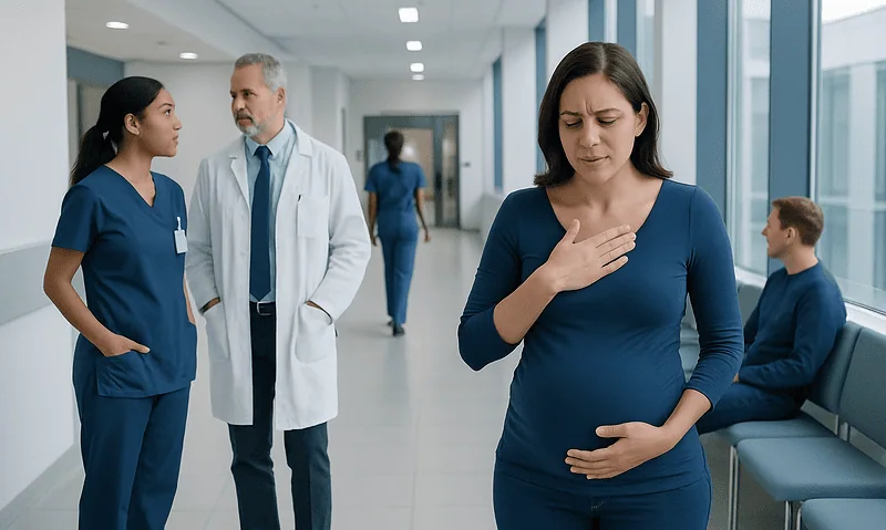 Pregnant woman experiencing discomfort in a hospital corridor.