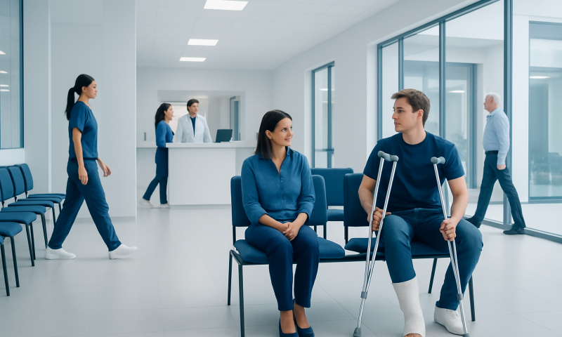 Patient with crutches in hospital waiting area with medical staff nearby.