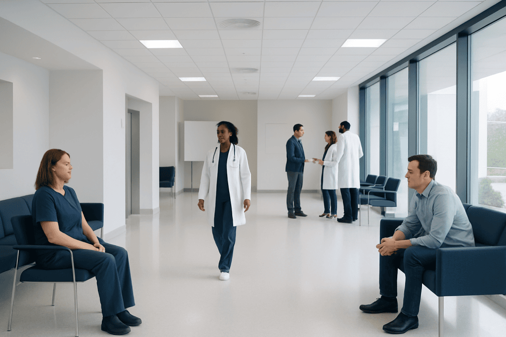 Gingivostomatitis: Early Signs, Risk Factors, and How It Is Treated 1 Hospital waiting area with patients and medical staff.