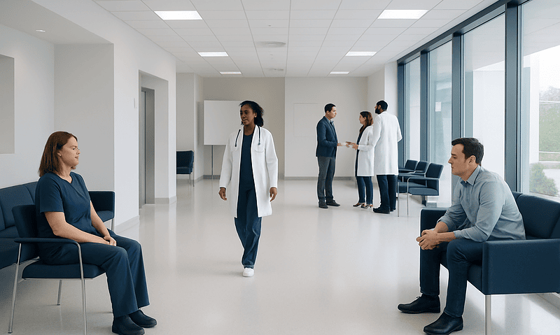 Hospital waiting area with patients and medical staff.