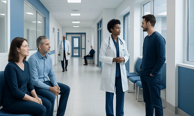 Medical team consulting patients in a hospital corridor at Acibadem Hospitals Group.