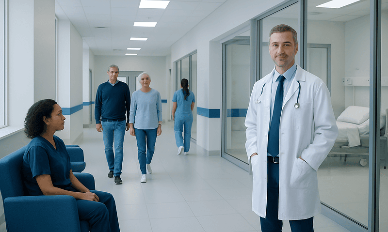 Doctor with patients in hospital corridor at Acibadem Hospitals Group.