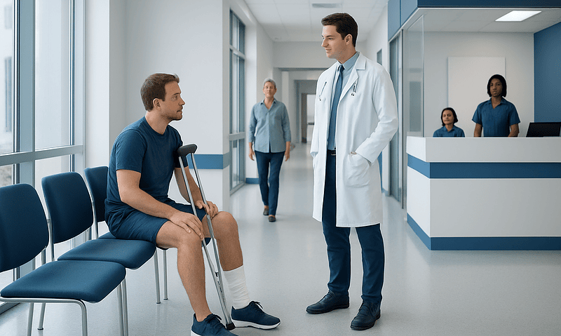 Patient with crutches consulting with doctor in hospital corridor.
