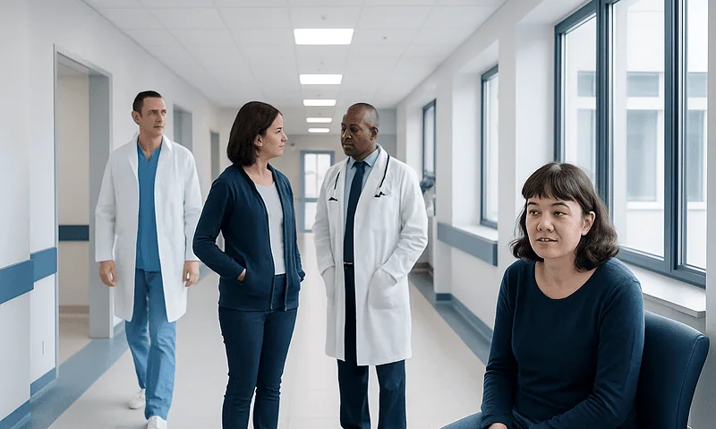 Medical team consulting with a patient in hospital corridor.