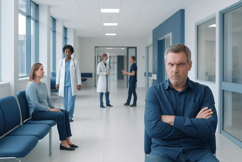 Paranoid Personality Disorder: Symptoms, Causes, and Treatment Options 1 Man with crossed arms looking upset in hospital corridor.