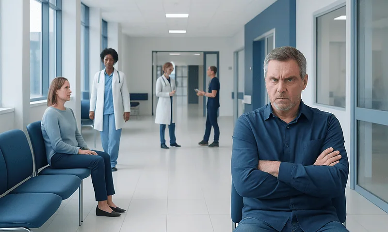 Man with crossed arms looking upset in hospital corridor.