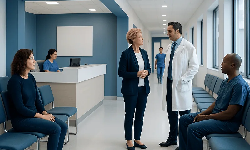 Medical consultation in a hospital corridor with doctors and patients.