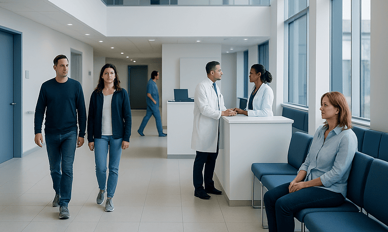 Patients and doctors in a modern hospital waiting area.