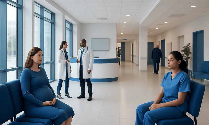 Pregnant woman and healthcare professionals in hospital corridor.