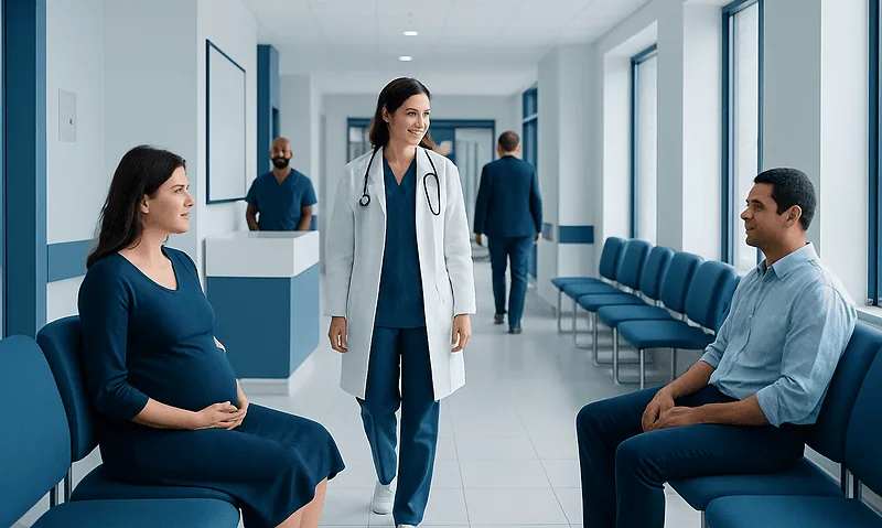 Pregnant woman consulting with doctor in hospital corridor.