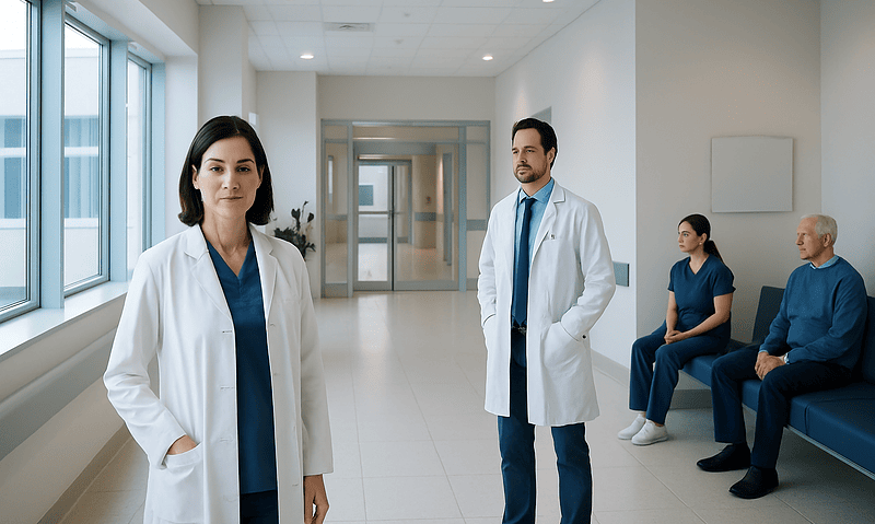 Medical team in hospital corridor with patients waiting.