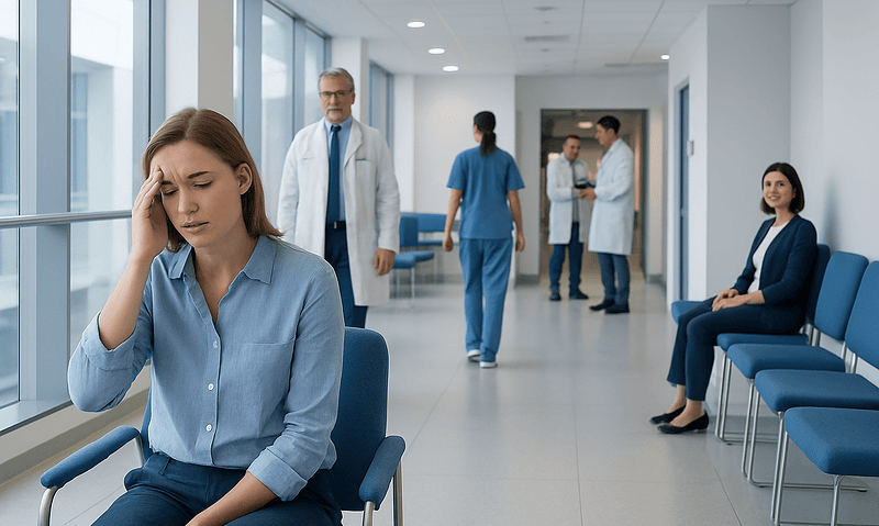 Young woman experiencing dizziness in a hospital corridor.
