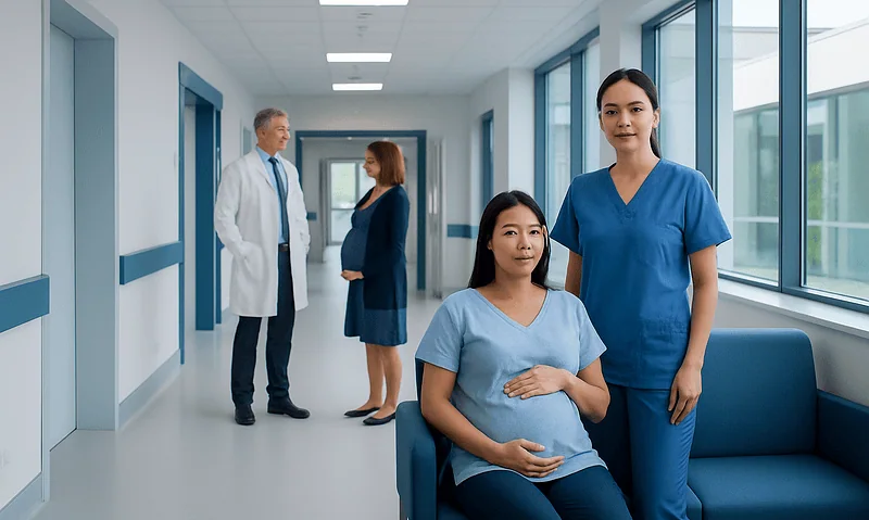 Healthcare professionals and a pregnant woman in a hospital corridor.