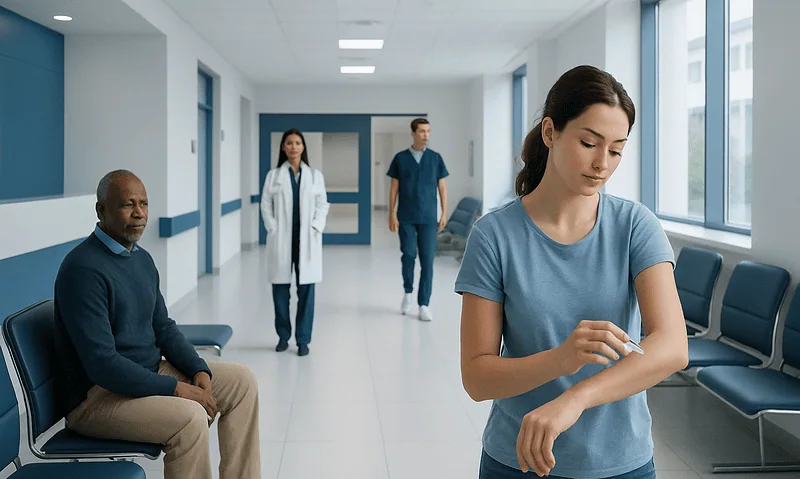 Young woman checking her arm in a hospital corridor with medical staff nearby.