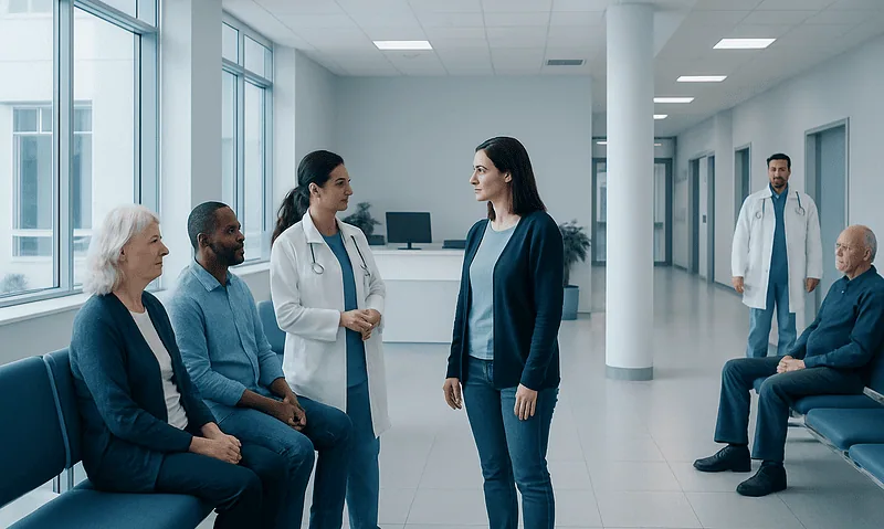 Medical consultation in a modern hospital corridor with diverse patients and healthcare staff.