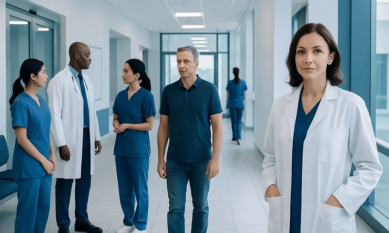 Medical team discussing patient care in hospital corridor.