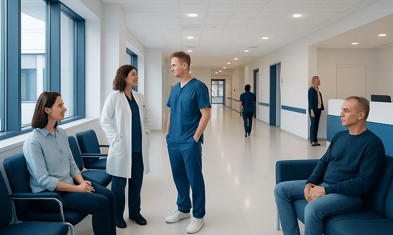 Medical professionals and patients in a hospital corridor.