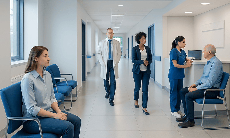 Medical consultation in hospital corridor with healthcare professionals and patient.