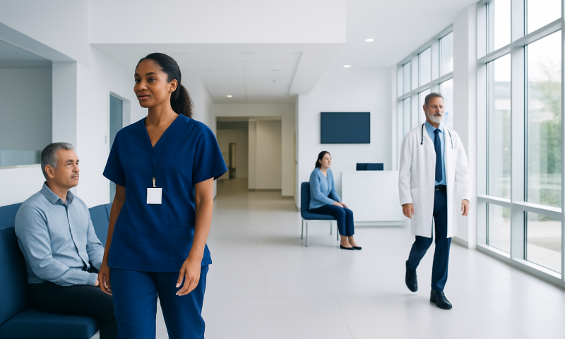 Healthcare professionals and patients in a modern hospital corridor.