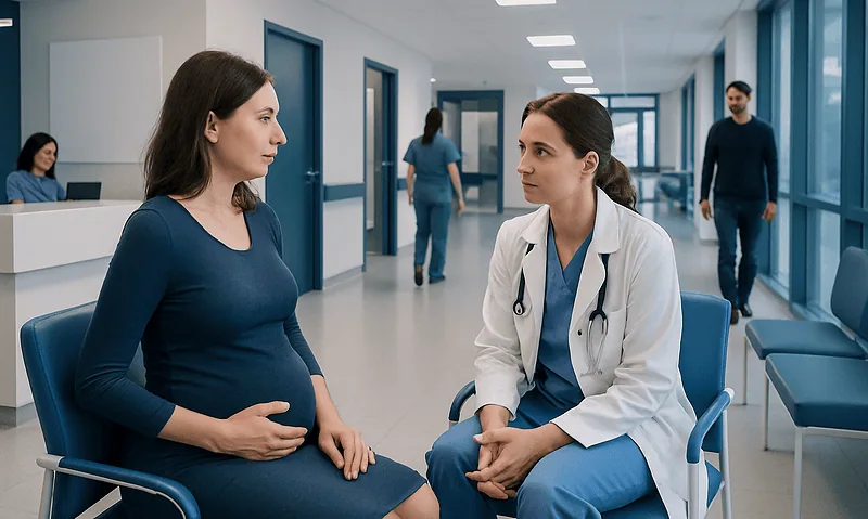 Pregnant woman consulting with a doctor in a hospital corridor.
