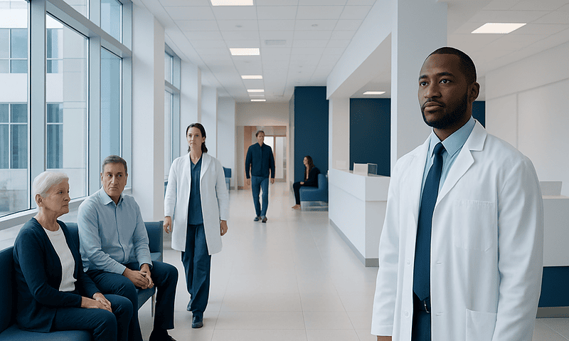 Medical team consulting patients in a modern hospital corridor.