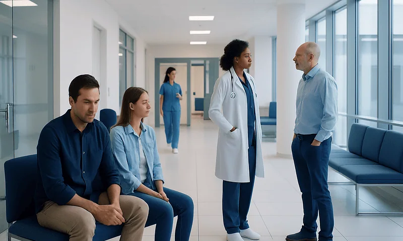 Medical consultation in a modern hospital corridor with diverse healthcare professionals and patient.