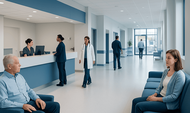 Modern hospital reception area with patients and staff in a bright, clean environment.