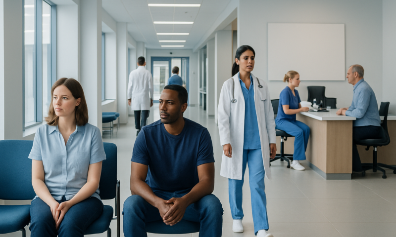 Patients waiting in a hospital corridor with medical staff present.