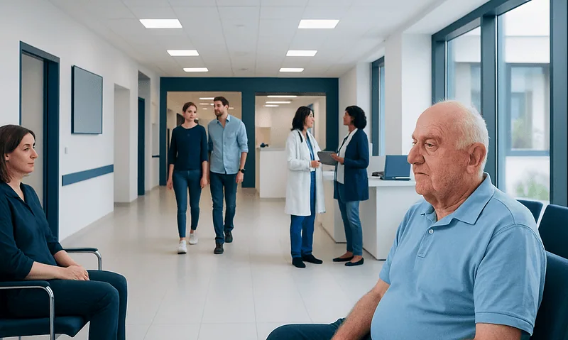 Patients waiting in a hospital corridor with medical staff in the background.