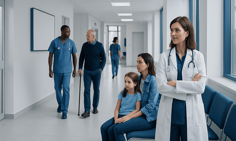 Medical team and patients in a hospital corridor at Acibadem Hospitals Group.