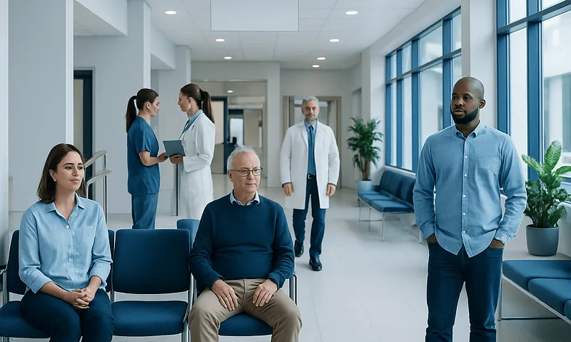 Patients and healthcare professionals in a modern hospital corridor.